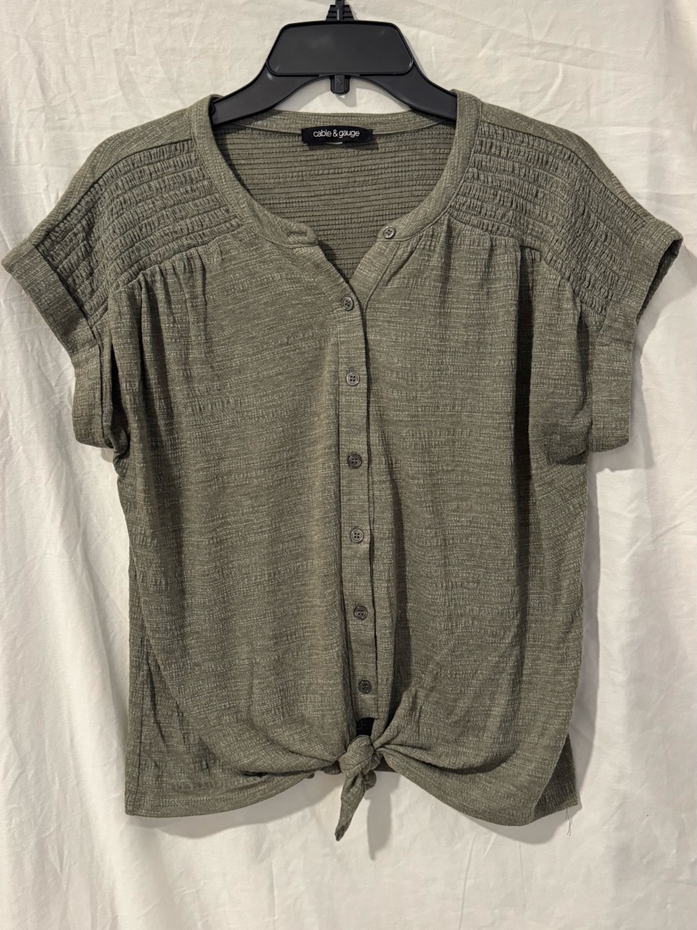 Cable & Gauge Olive Green Button-Front Tie Top